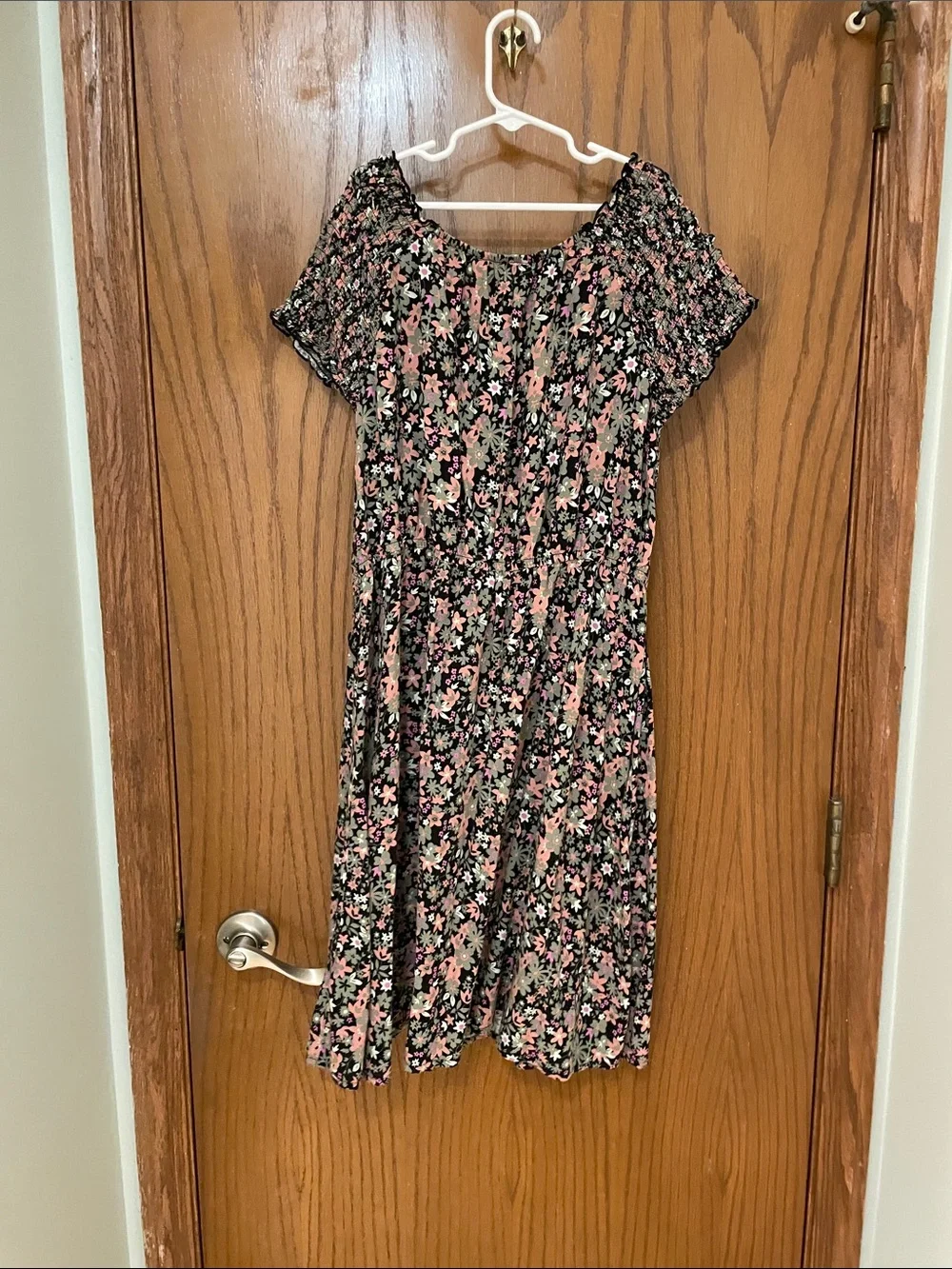 wonder nation Black Floral Smocked Dress with Pink & Green Print